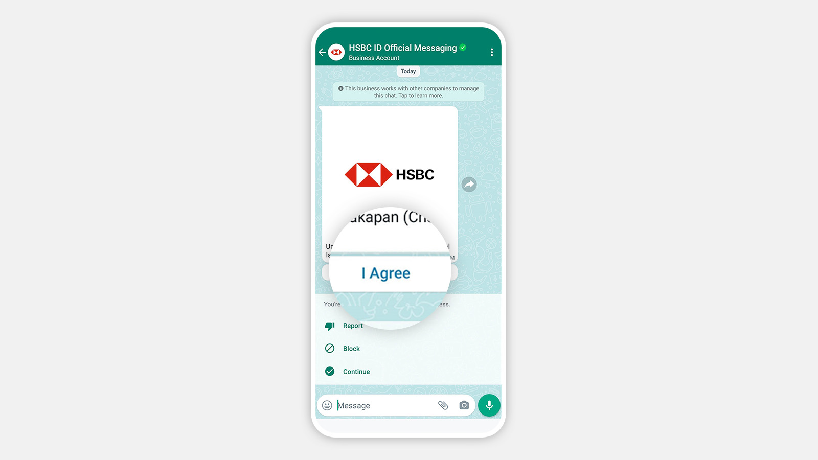 Layar ponsel menampilkan tombol setuju di aplikasi HSBC